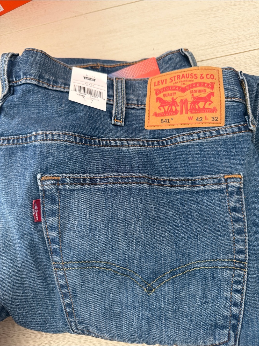 Levi's Men's 541 Relaxed Fit Jeans - Blue Denim with Tan Patch 42x32